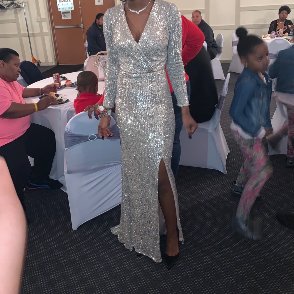 Sequence prom dress with train long sleeved